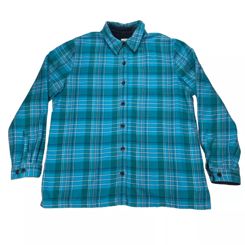 LL Bean Shacket Womens Large Blue White Plaid Fleece Lined Button Up Barn Chore